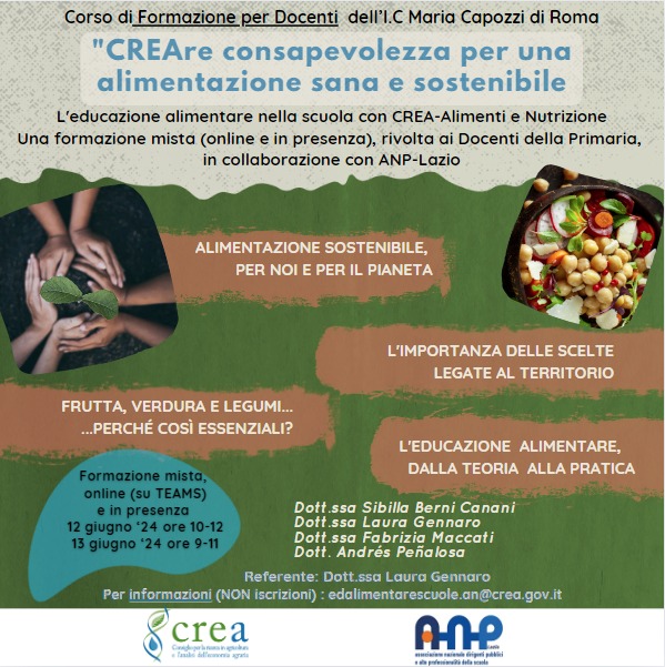 Nuova formazione Docenti della Scuola Primaria svolta dal CREA Alimenti e Nutrizione in collaborazione con ANP-Lazio