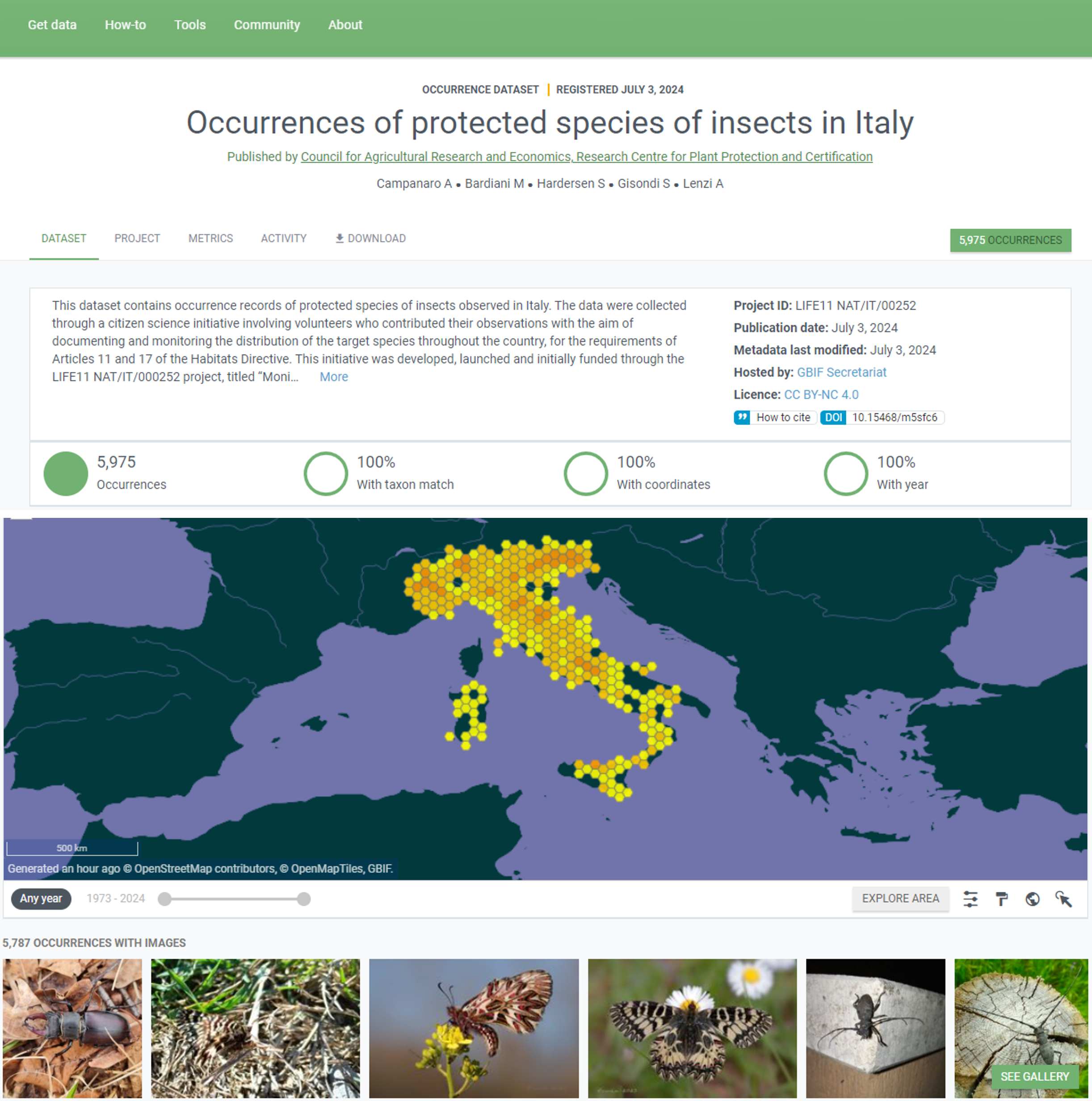 Pagina GBIF dedicata ai dati su insetti protetti in Italia