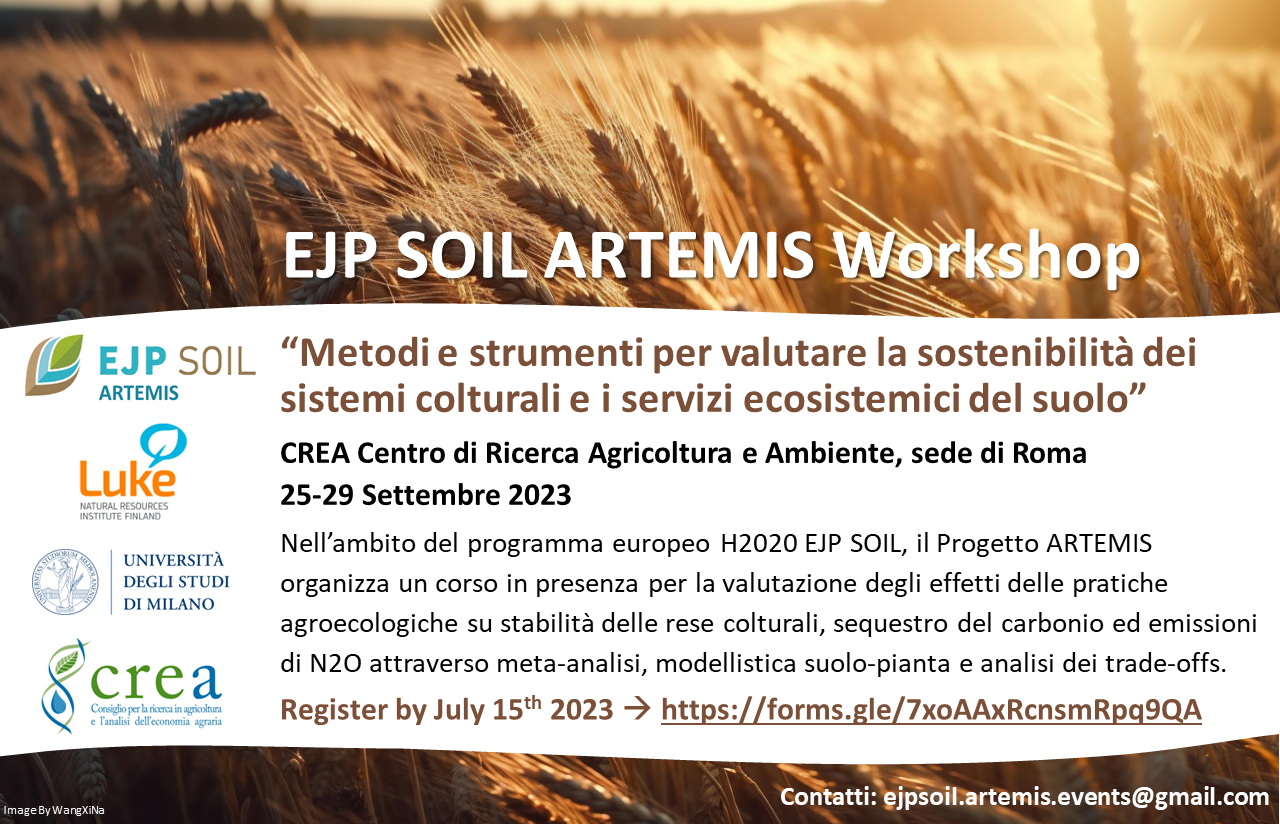 EJP SOIL ARTEMIS Workshop “Metodi e strumenti di analisi dei dati per valutare la sostenibilità dei sistemi colturali e i servizi ecosistemici del suolo”