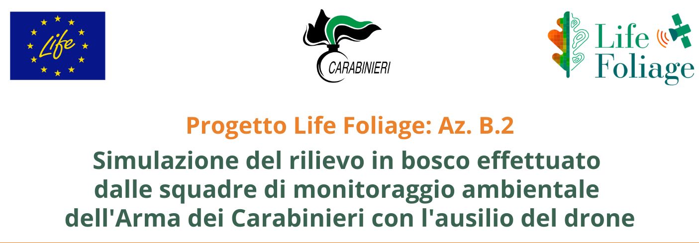 Simulazione del rilievo in bosco effettuato dalle squadre di monitoraggio ambientale dell’arma dei carabinieri con l’ausilio del drone