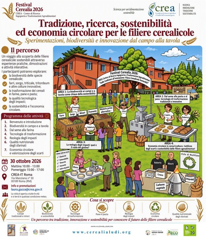 Il CREA Ingegneria e Trasformazioni agroalimentari al FESTIVAL CEREALIA 2026: Tradizione, ricerca, sostenibilità ed economia circolare per le filiere cerealicole