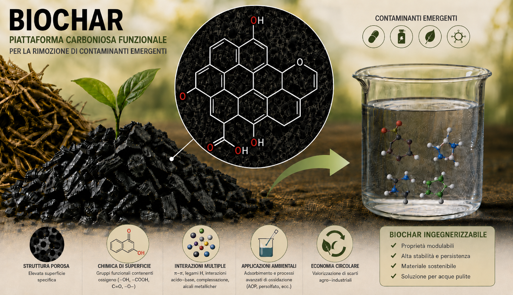 Biochar come piattaforma carboniosa funzionale: progettazione, caratterizzazione avanzata e applicazioni per la rimozione di contaminanti emergenti