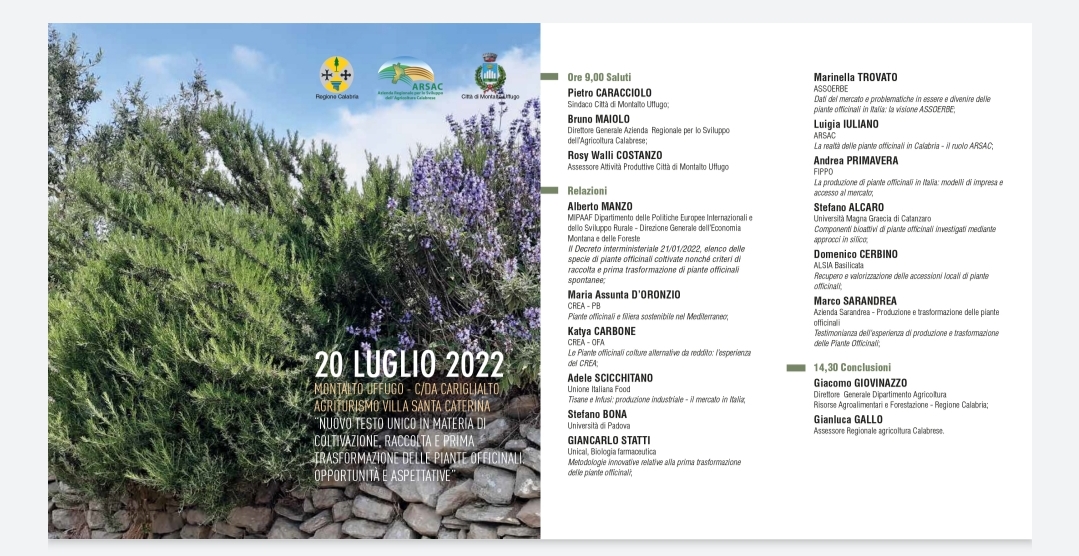 Il CREA partecipa al Convegno organizzato dall'ARSAC Calabria: Opportunità e attese dal nuovo Testo Unico in materia di coltivazione, raccolta e prima trasformazione delle piante officinali