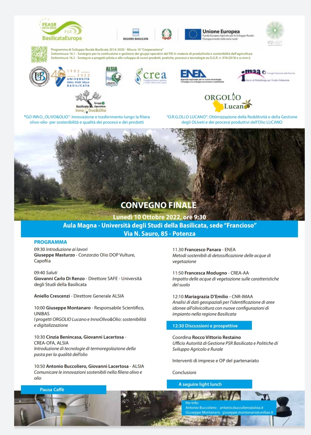 Convegno di chiusura del Progetto “O.R.G.OLI.O. LUCANO: Ottimizzazione della Redditività e della Gestione degli OLIveti e dei processi produttivi dell’Olio LUCANO