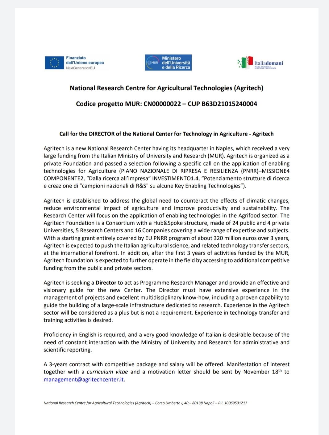 La Fondazione Agritech ha pubblicato il bando per direttore