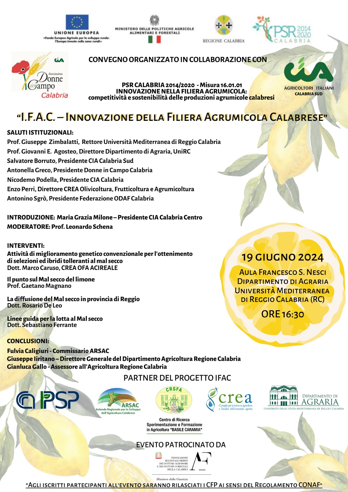 Il CREA partecipa al seminario “I.F.A.C – Innovazione della Filiera Agrumicola Calabrese”